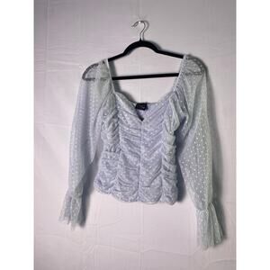 Madi Mase Cropped Long Sleeve White Polka Dot Blue Blouse Women’s Size Medium